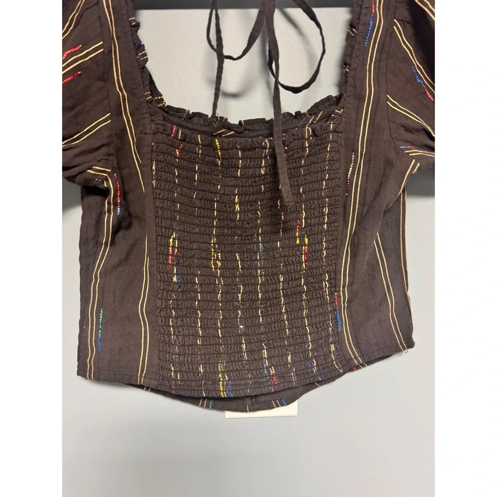 Free People Women's Seratonin XS Brown Striped Smocked Back Puff Sleeve Top‎ NWT